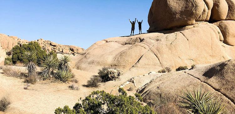 Family climbing boulders in Joshua Tree National Park