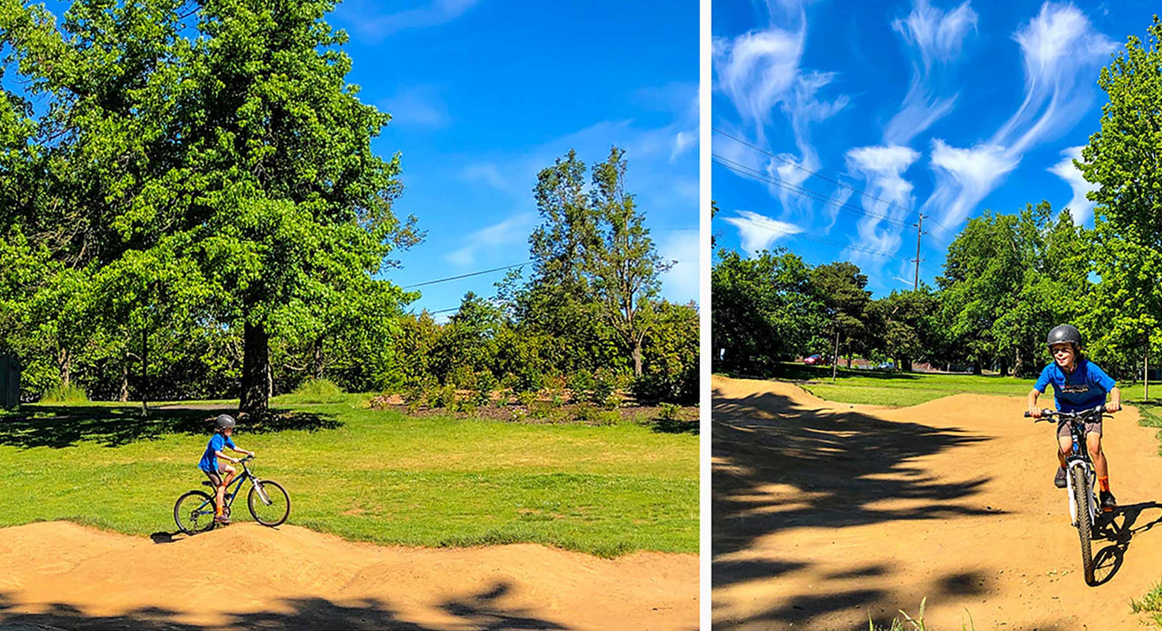 a boy biking on a pump track in Portland, Oregon