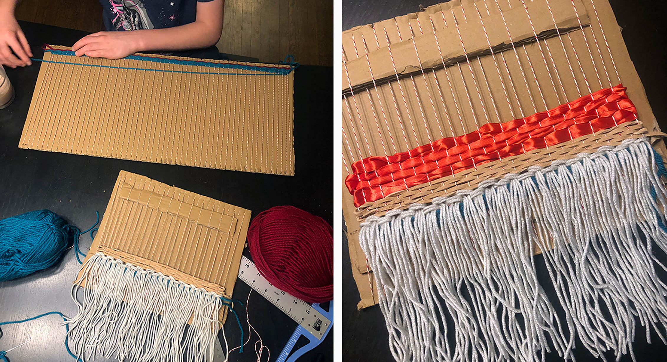 A child using a cardboard loom