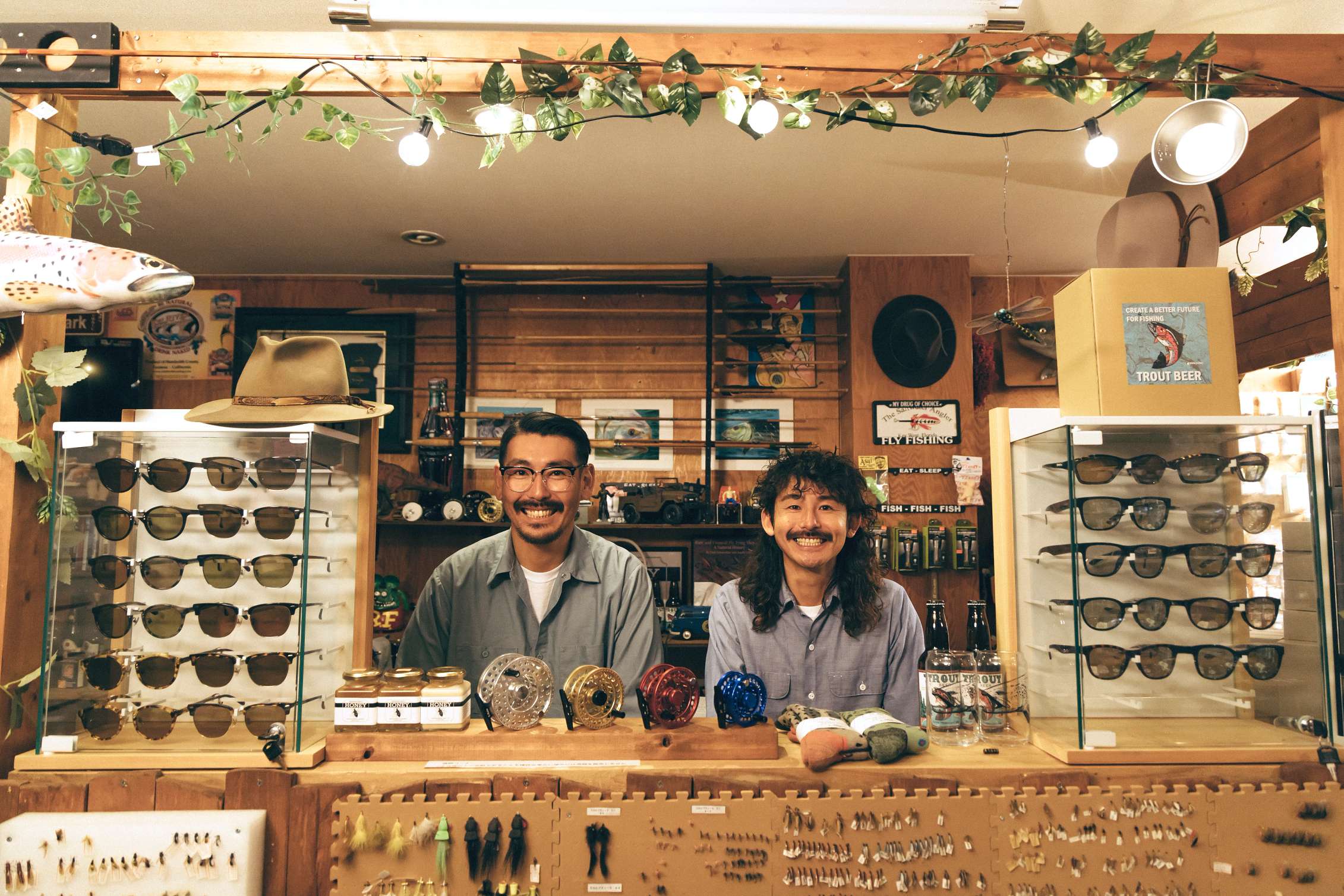 The Sugisaka Brothers in a fishing shop in Japan