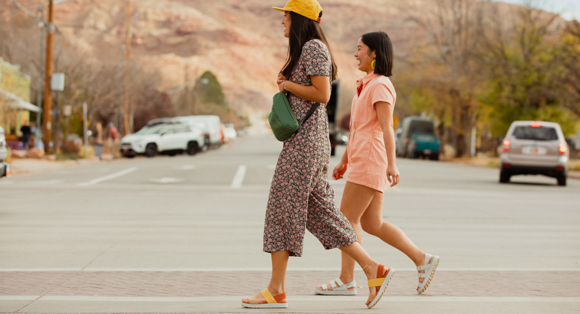 two friends go for a walk in the city together