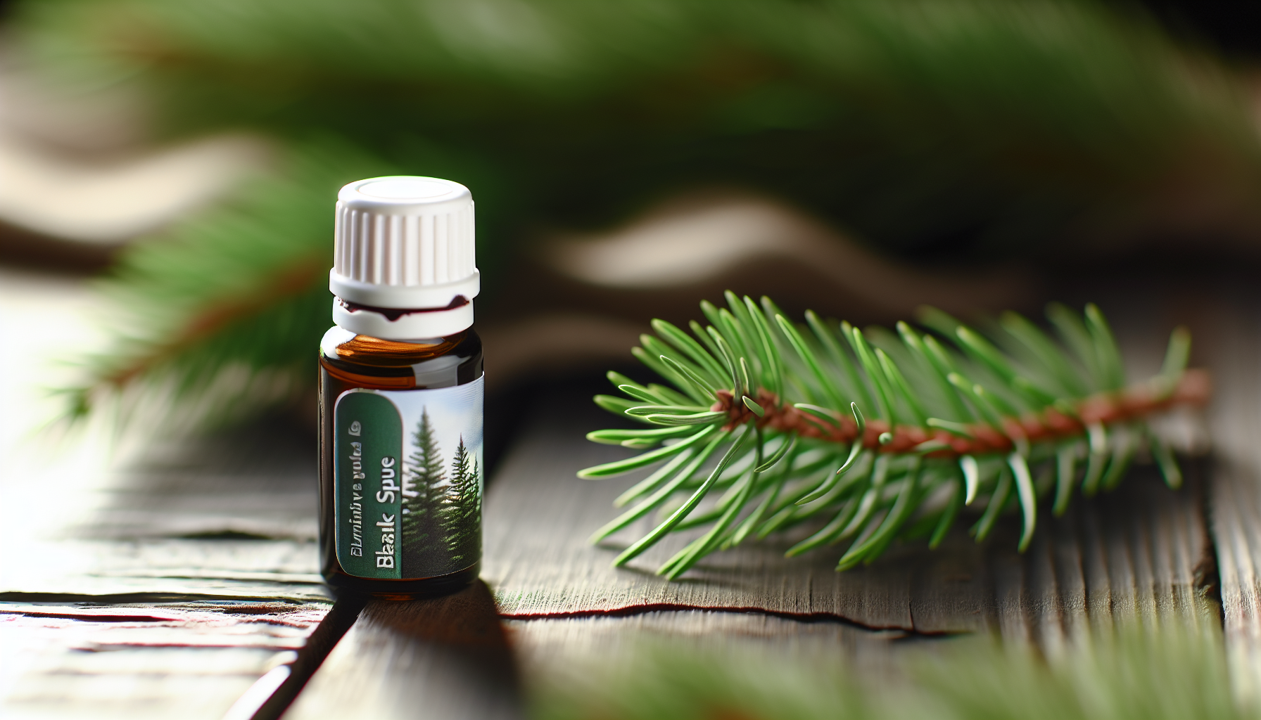 Bottle of black spruce essential oil with fresh pine leaves