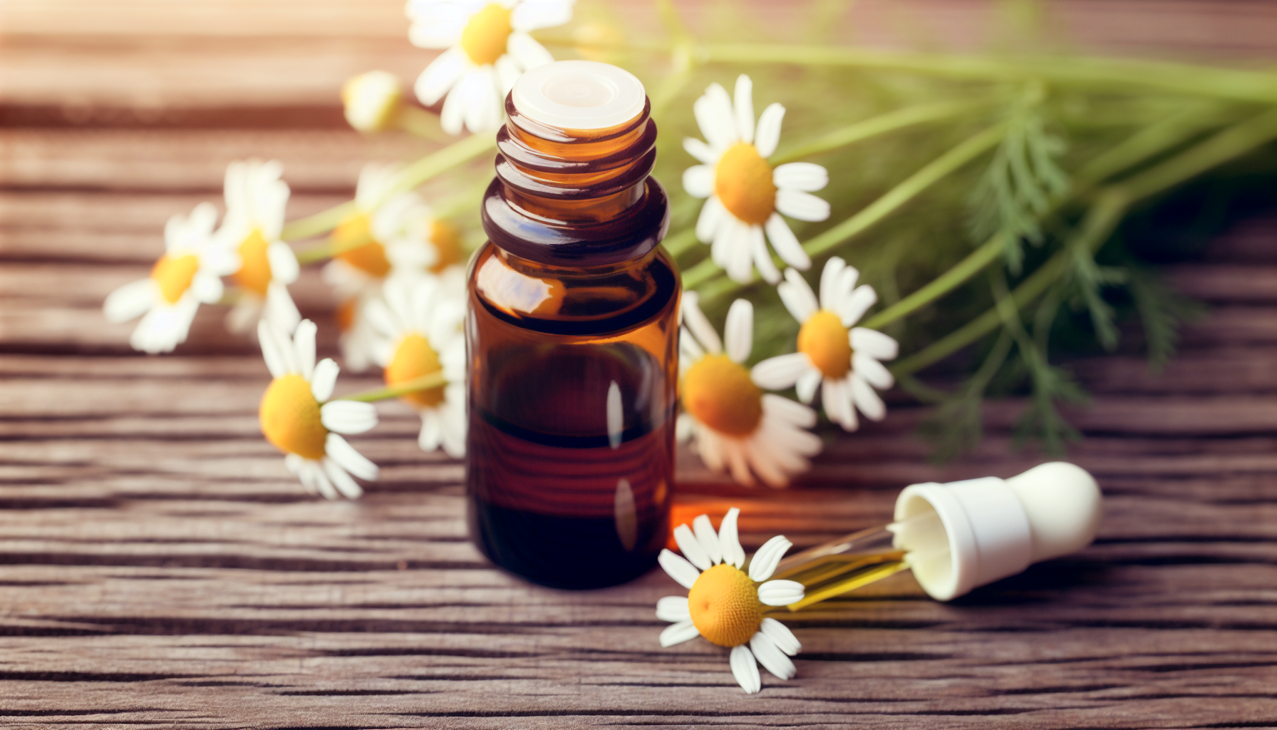 Chamomile essential oil bottle with chamomile flowers