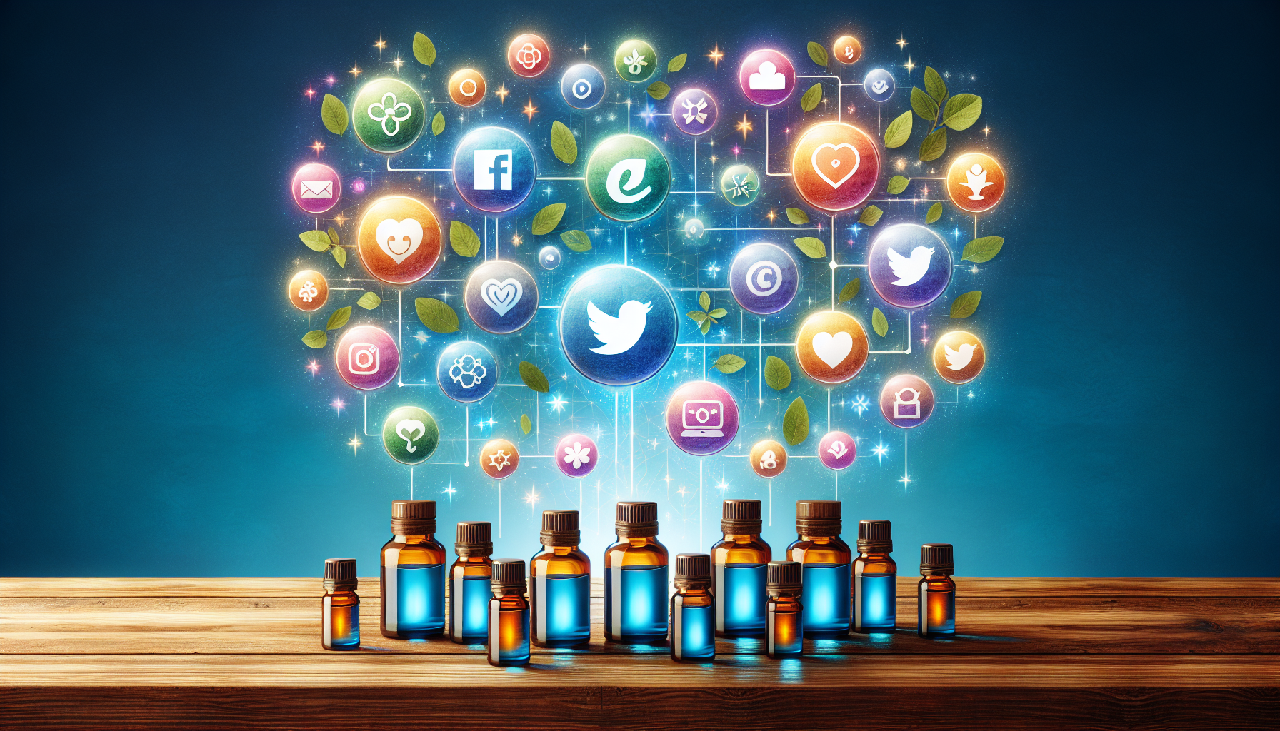 Social media icons with essential oil products in the background