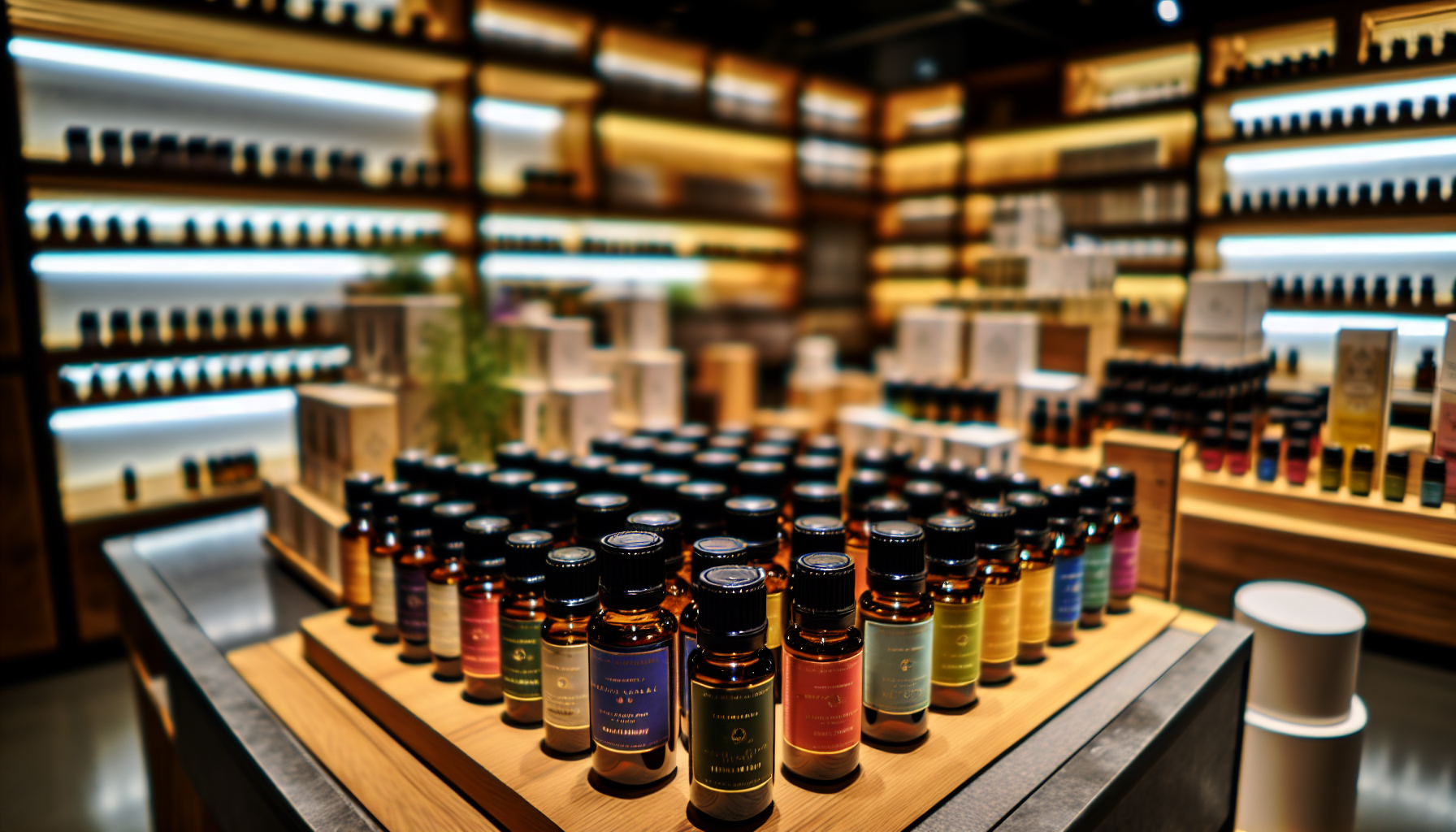 Diverse essential oil products displayed in a store