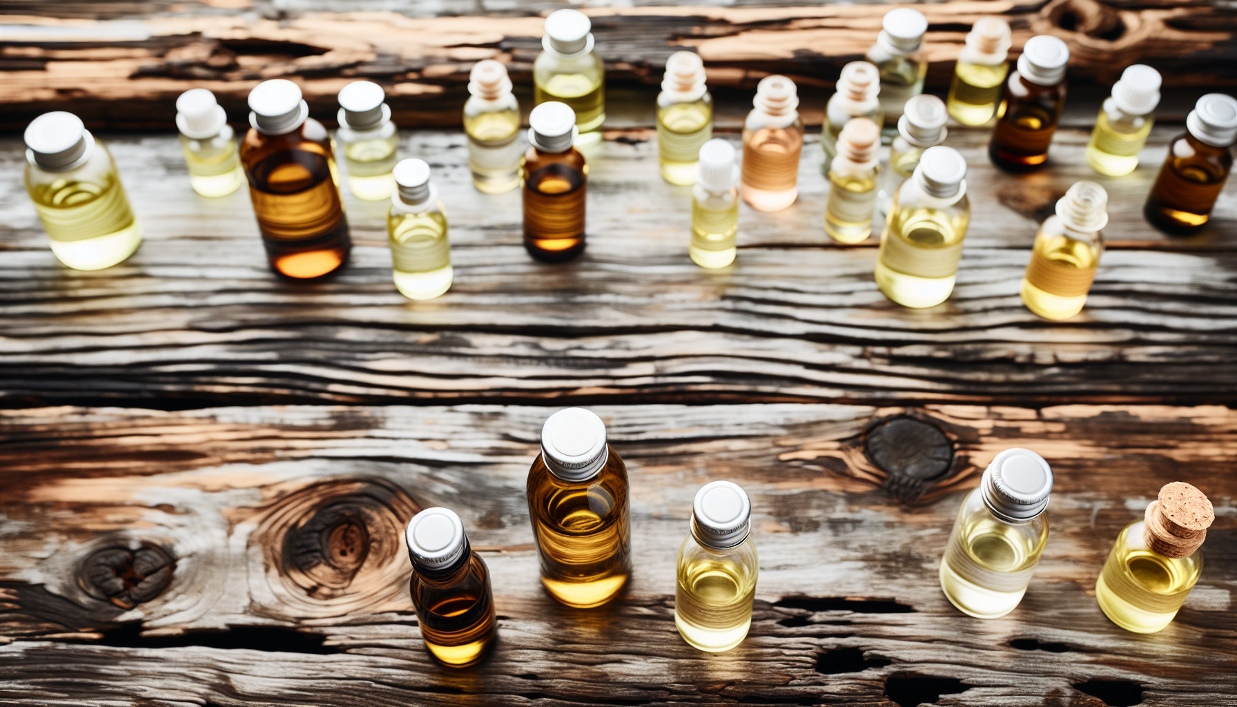 Bottles of high quality essential oils on a wooden table